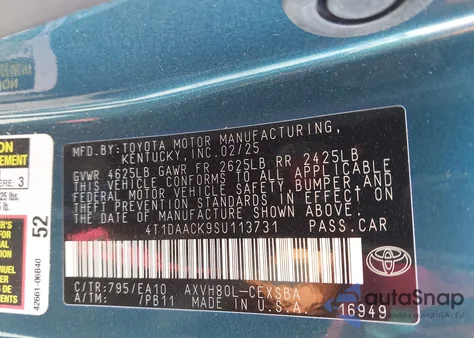 2025 Toyota Camry Se from USA, damaged, VIN 4T1DAACK9SU113731